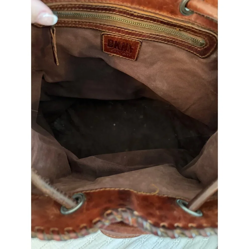 DKNY Womens Backpack Brown Woven Leather Vintage 1990s Casual
